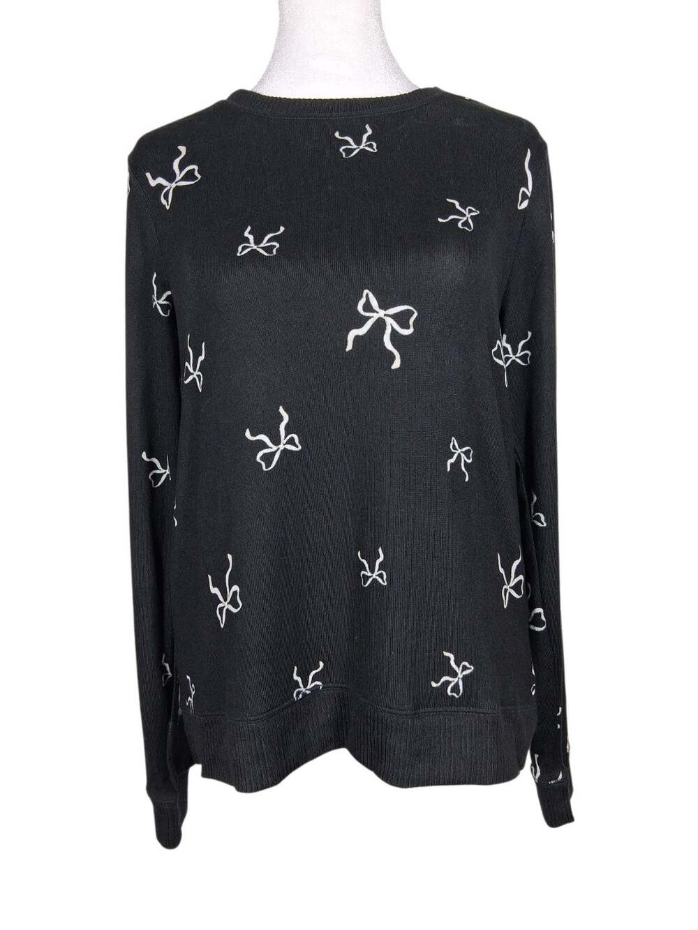 Lucky Brand Cloud Soft Black White Bow Print Crewneck Sweatshirt Womens S NWT